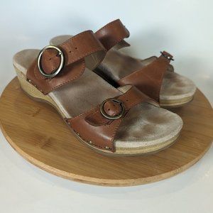 Dansko Sandals Womens Manda Slide Wedge Camel Leather Double Strap 40/ US 9